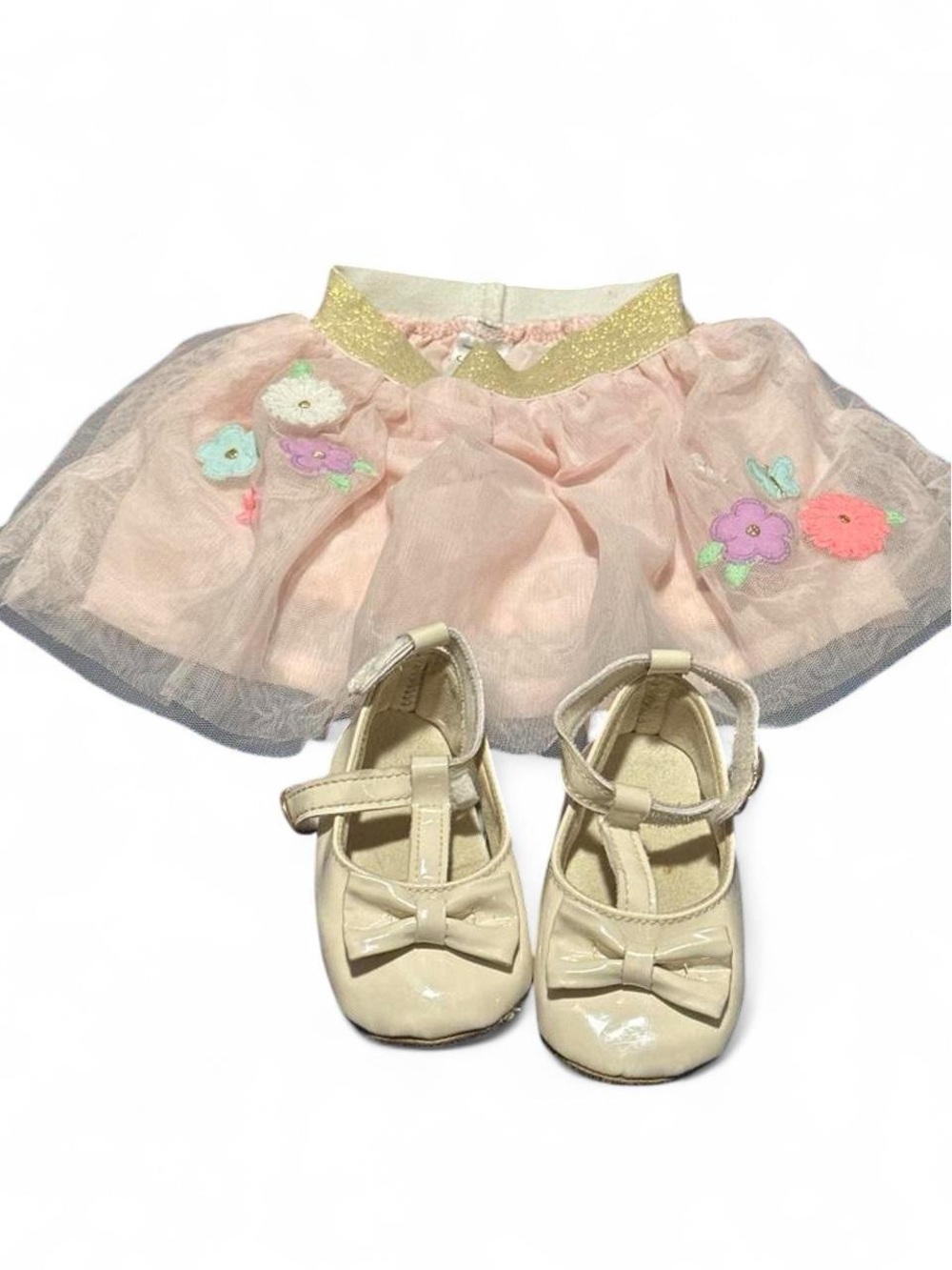 Pink Tulle Floral Baby Skirt Size 12months with Cream Bow Shoes